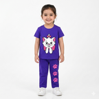 Purple cat-themed summer coord set for kids by Lil' Cubs, featuring a matching top and shorts with playful feline designs.