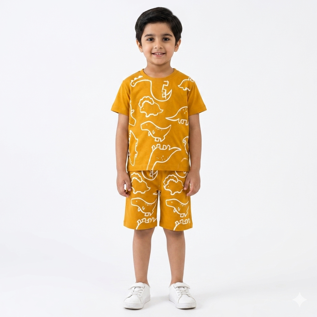 Boys Mustard Dino Summer Coord Set (1–12 Years) - Lil' Cubs