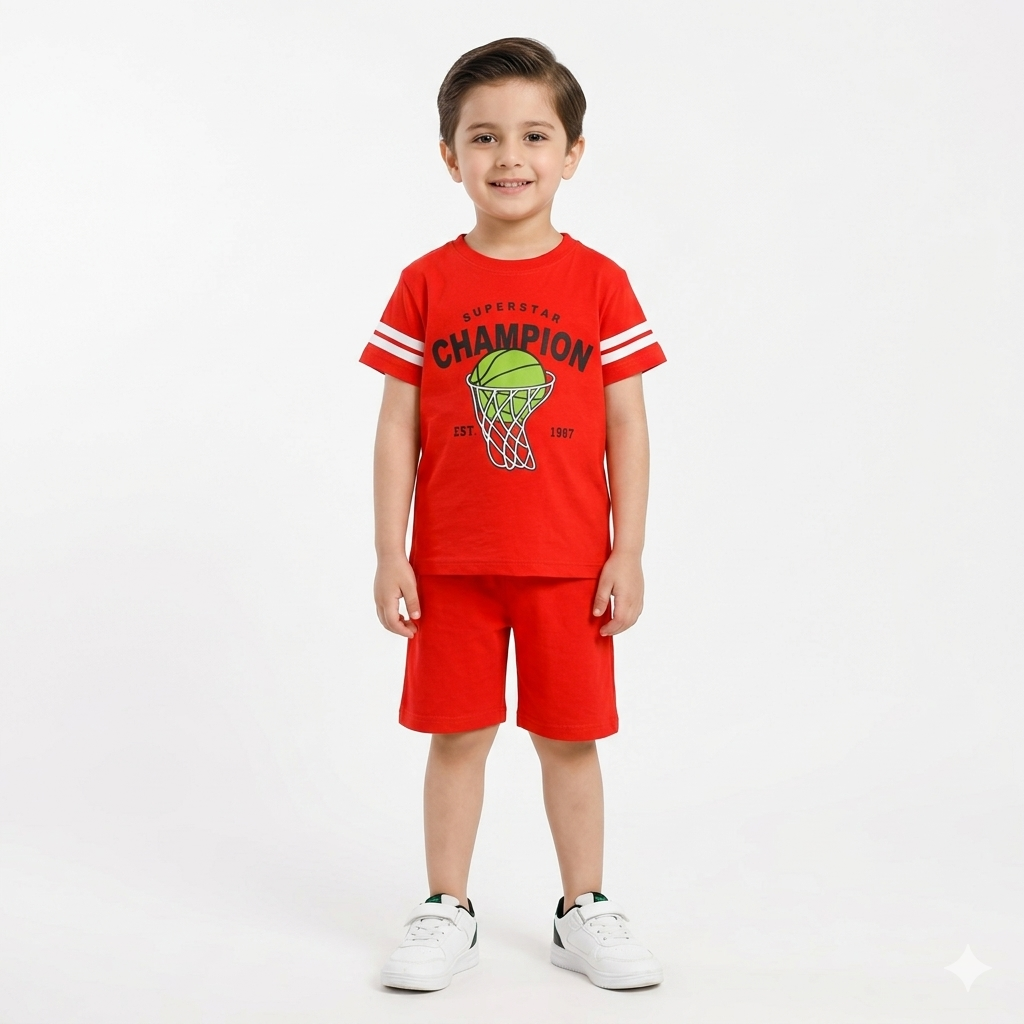 Boy wearing a summer coord set with a Champion basketball print, featuring a matching top and shorts for ages 1-12.