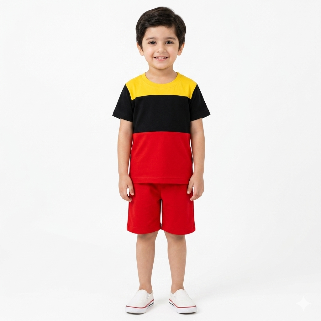 Boys Red Colorblock Summer Coord Set (1–12 Years)