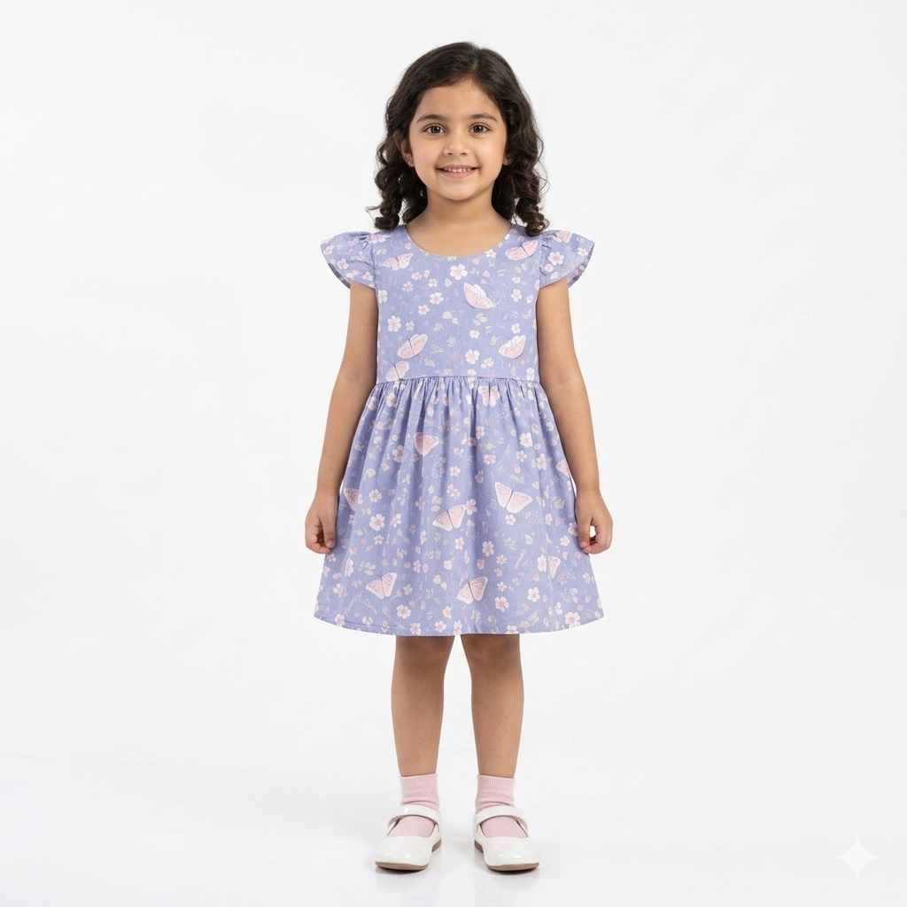 Light blue floral cotton girl’s frock by lilcubspk, suitable for ages 2 to 6, featuring a charming floral design.