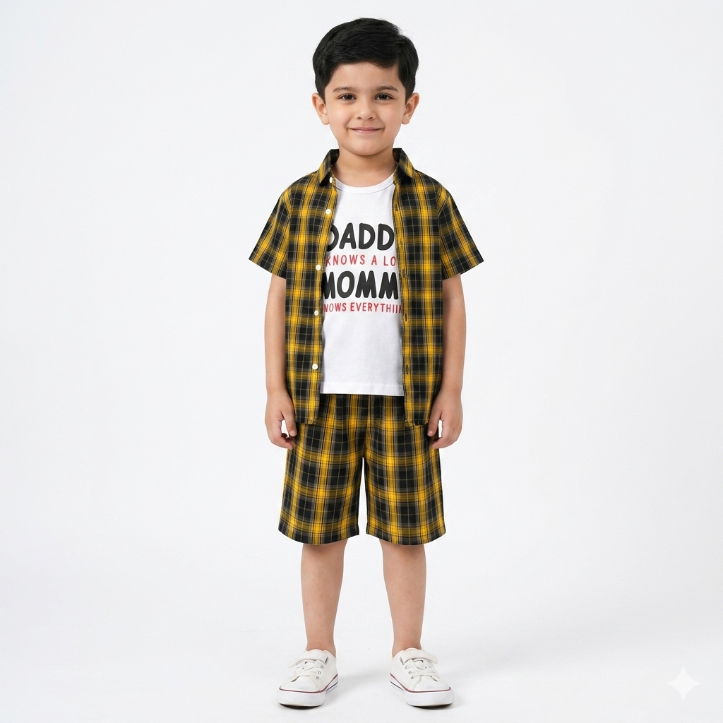 Yellow check 2-piece summer boys' coord set by lilcubspk, includes a shirt and shorts for ages 1 to 12 years.