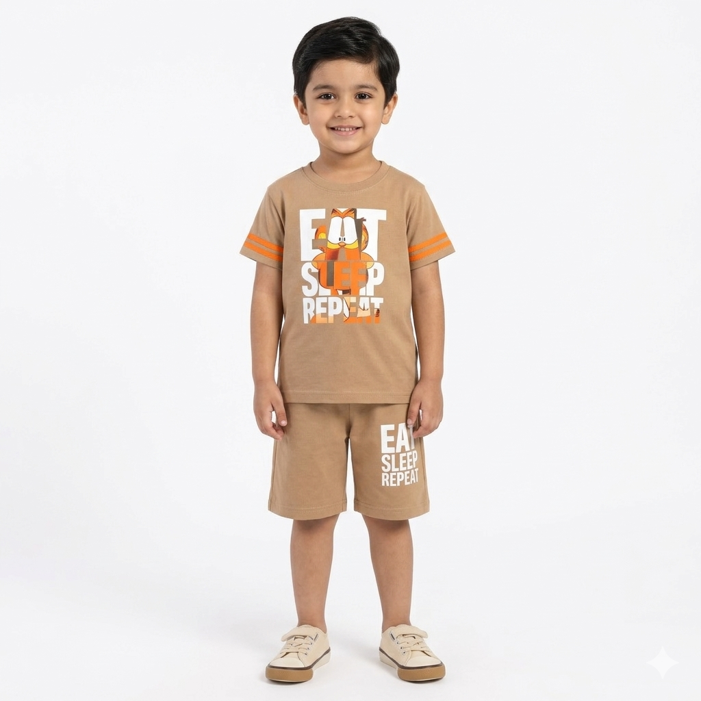 Dark skin kid wearing Lil’ Cubs "Eat Sleep Repeat" summer coord set, a stylish two-piece for kids with fun print and comfortable fit.