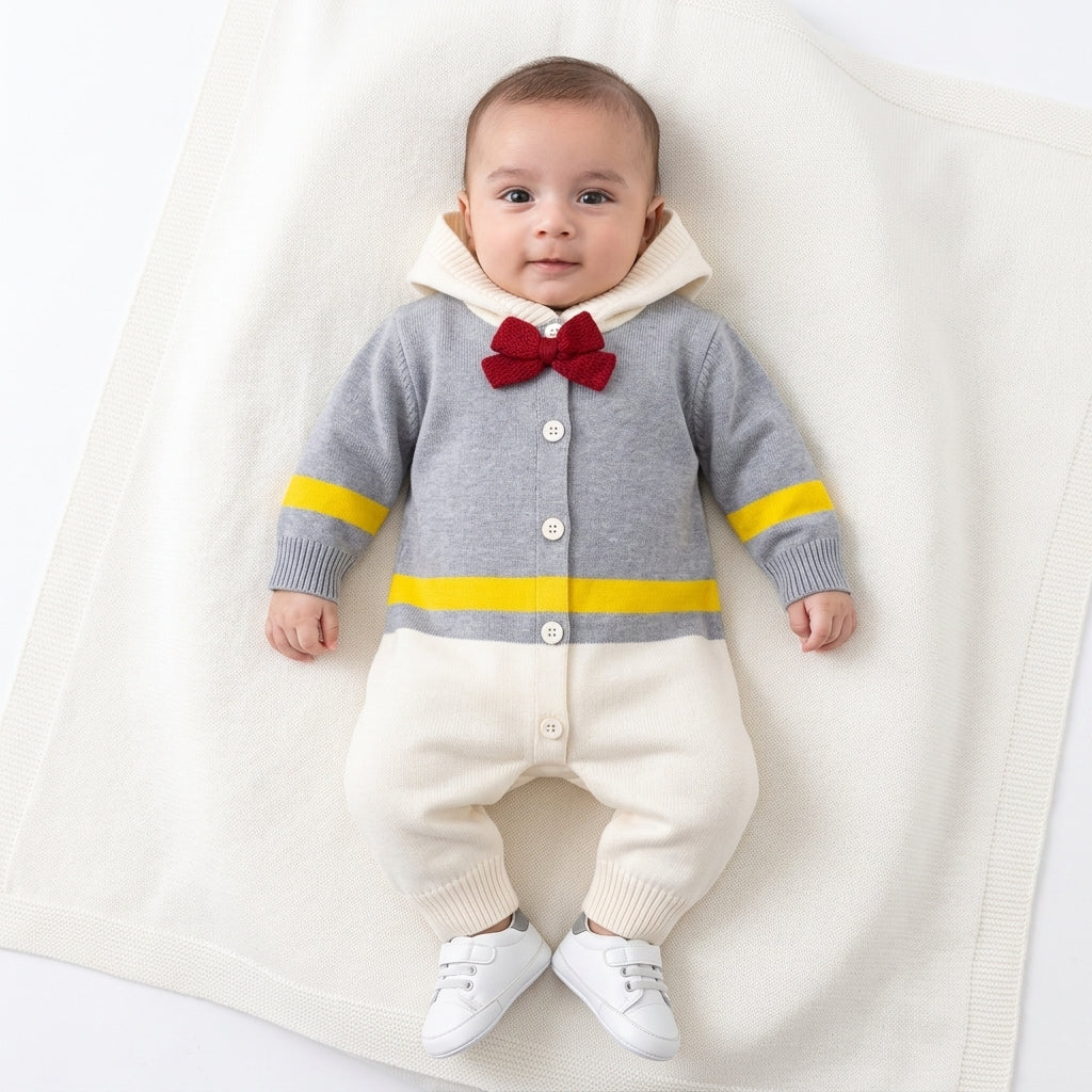 Winter Grey & White Bow Romper (Size 0 - 18 Months)