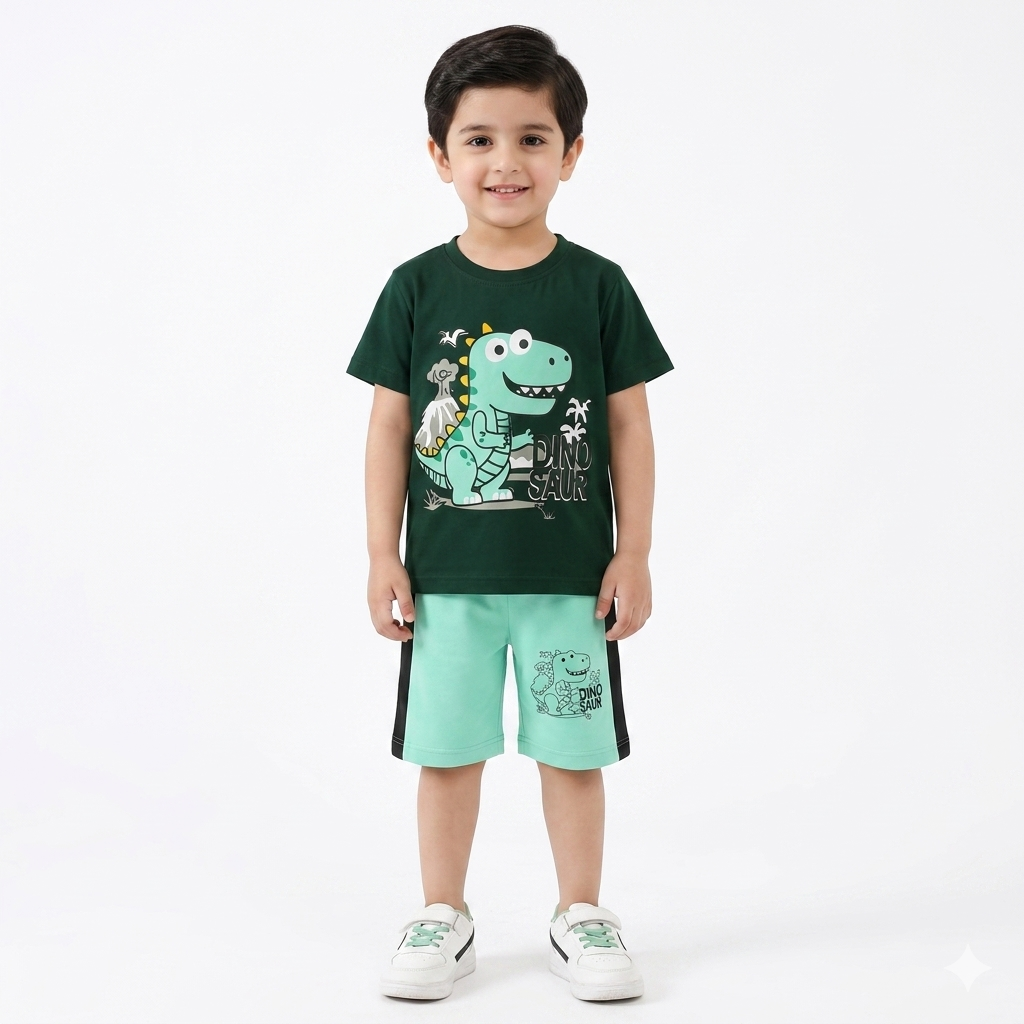 Boys Dark Green Dino Summer Coord Set (1–12 Years)