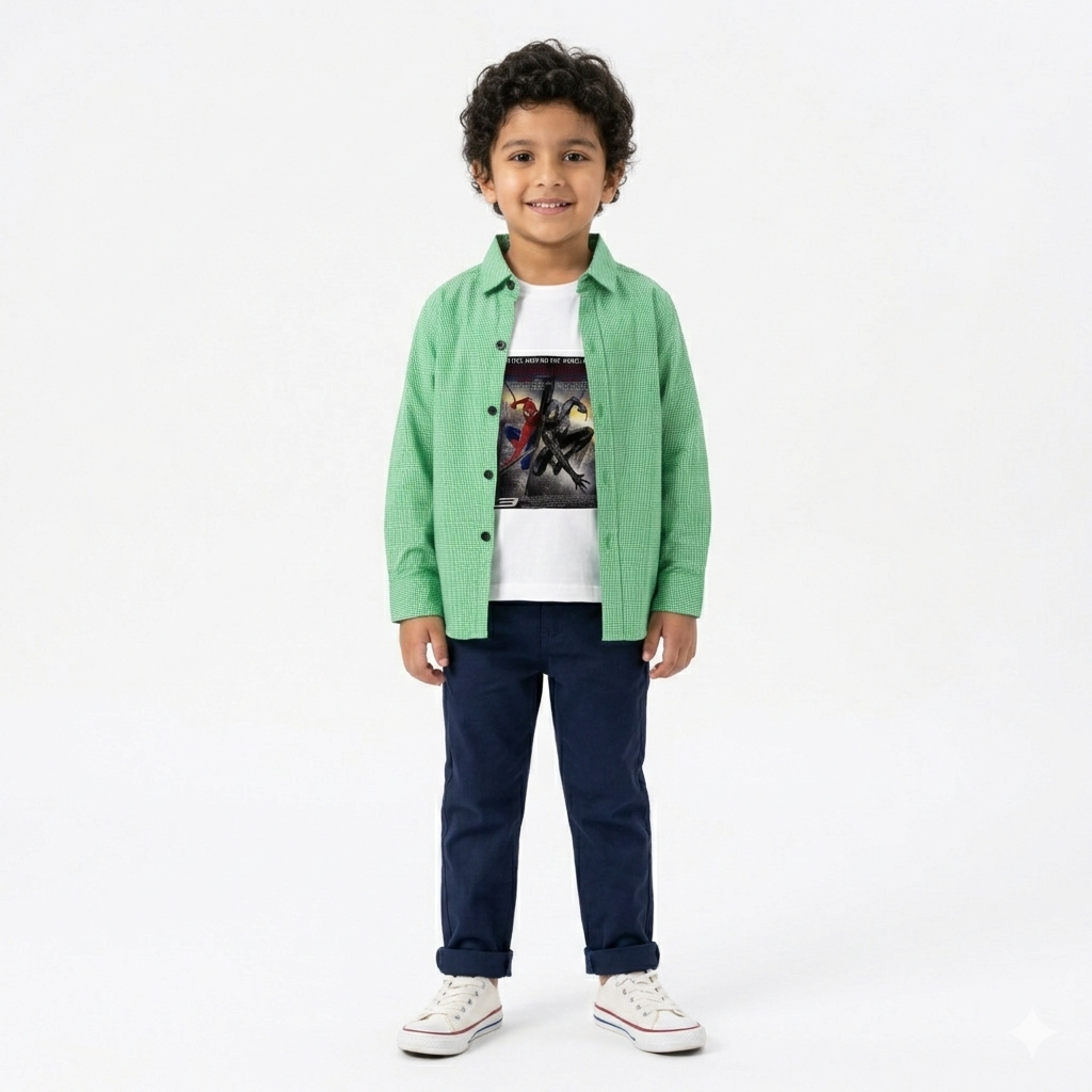 Green Dotted Casual Shirt with Spiderman Print T-Shirt