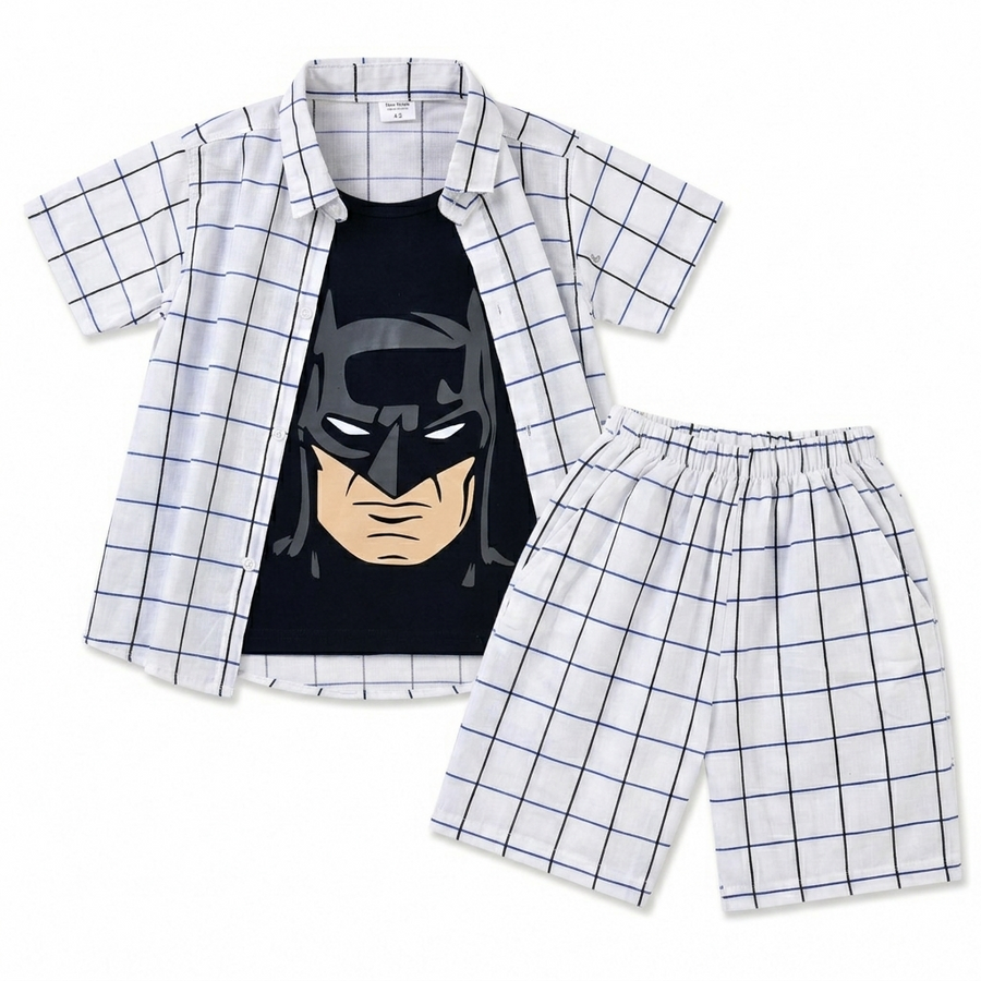 White Box Pattern Batman Print Summer Coord Set for Boys (1 - 12 Years) - Lil' Cubs