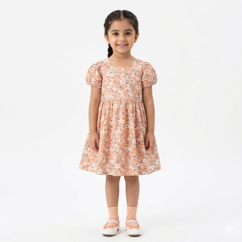 Girls' peach floral cotton frock by lilcubspk, featuring a charming design for ages 2 to 6 years.