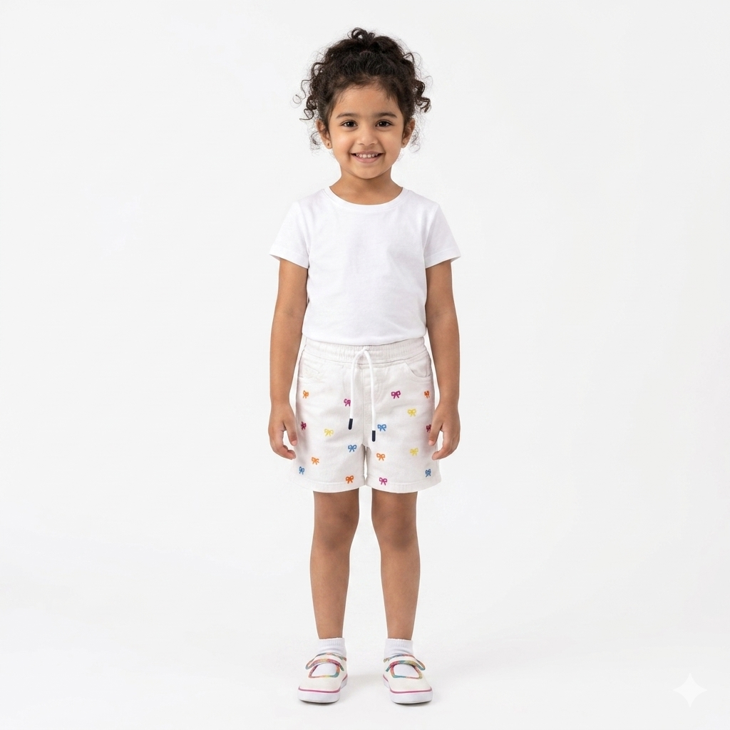 Girls white denim shorts with bow embroidery by lilcubspk, featuring a cute design for ages 6 months to 5 years.