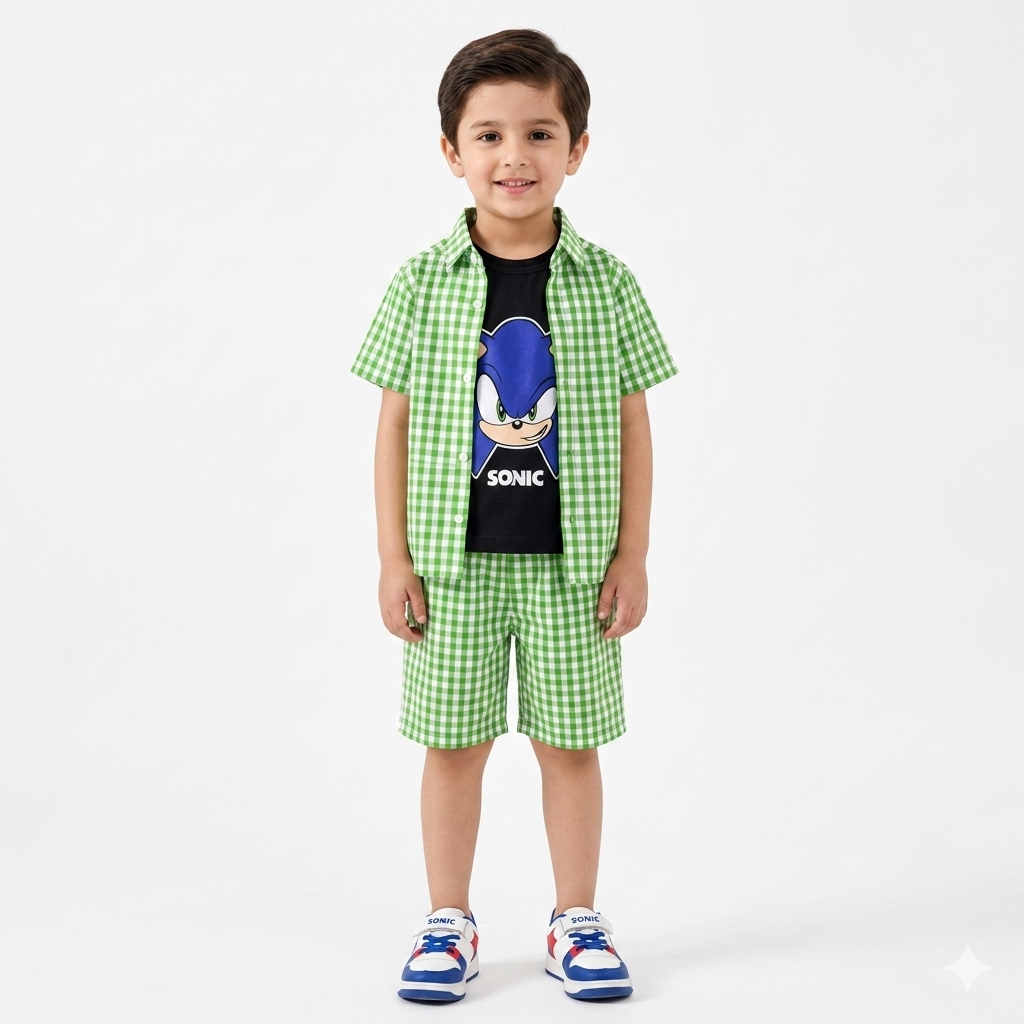 Light green check sonic summer coord set for boys, includes short-sleeve top and shorts, from lilcubspk for ages 1 to 12 years.