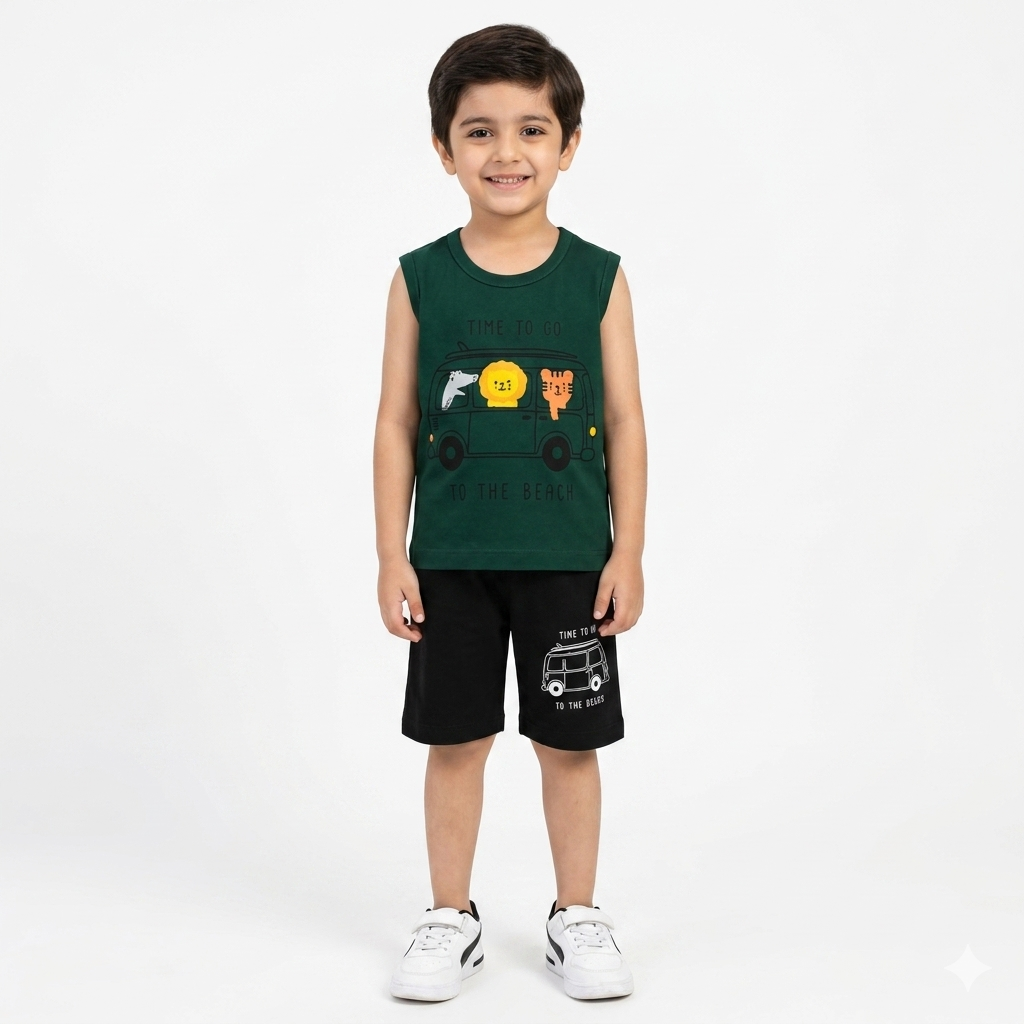 Dark Green Car Sleeveless Summer Coord Set (Ages 1-12)