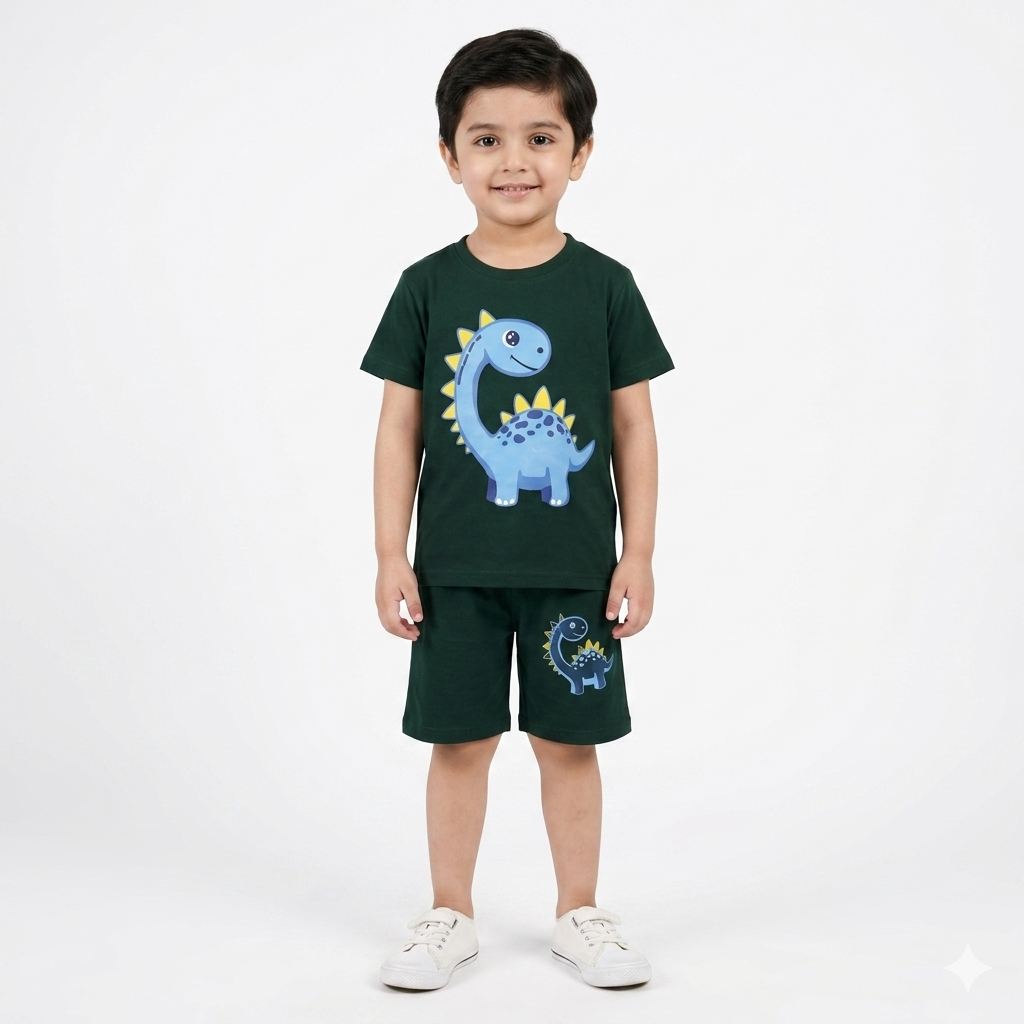 Dark green dinosaur summer coord set for boys, 2-piece outfit from lilcubspk, suitable for ages 1 to 12, casual and comfortable.