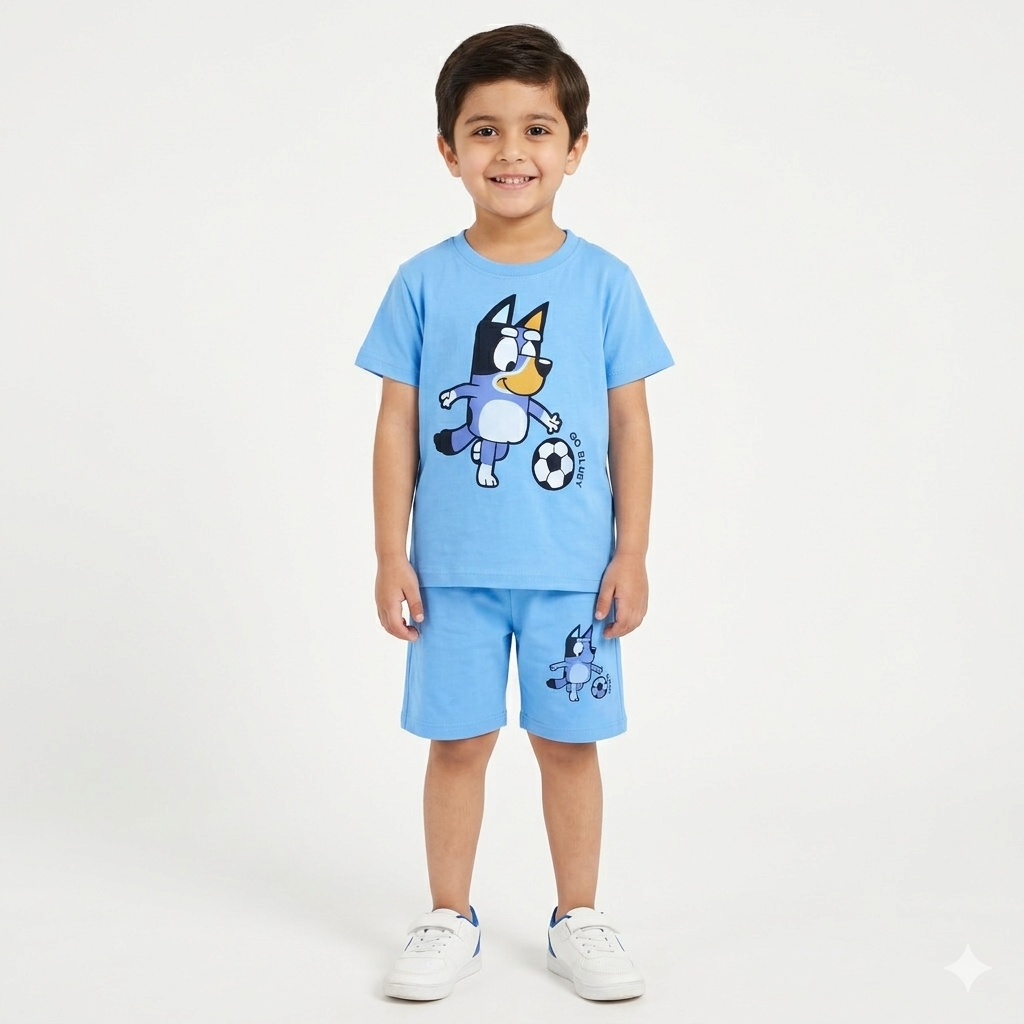Sky blue Go Bluey kids' summer coord set by Lil’ Cubs, featuring a jersey cotton two-piece outfit for children.
