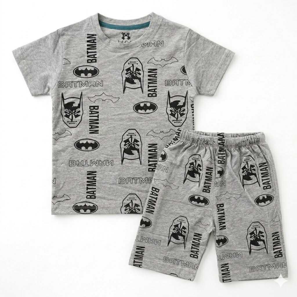 Grey Batman summer coordinate set for boys, 2-piece outfit with Batman logo, perfect for ages 1 to 12 by lilcubspk.