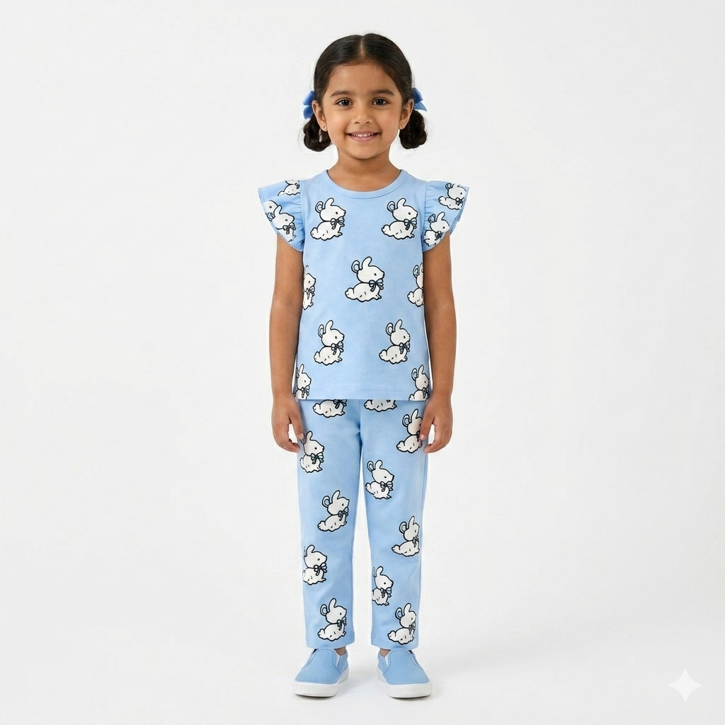 Light blue girls' summer coord set with cute rabbit print from lilcubspk, perfect for ages 1 to 12.