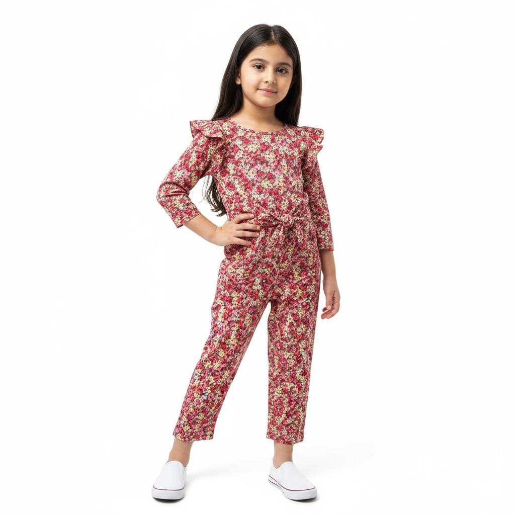 Girls pink floral jumpsuit, stylish jump dress by lilcubspk featuring a vibrant floral pattern and comfortable fit.