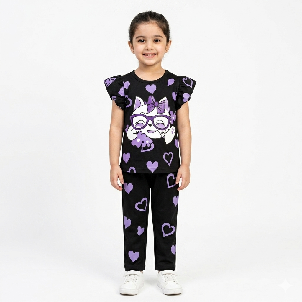 Black heart and cat summer coord set for kids, two-piece matching outfit by Lil' Cubs featuring playful print and comfortable fabric.