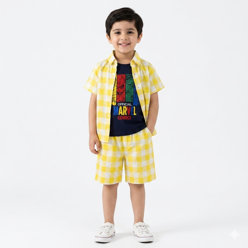 Yellow Check Marvel Summer Coord Set for Boys (1 - 12 Years)