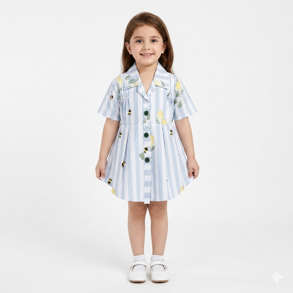 Girls Sky Blue Floral Summer Cotton Frock (Ages 2-5)
