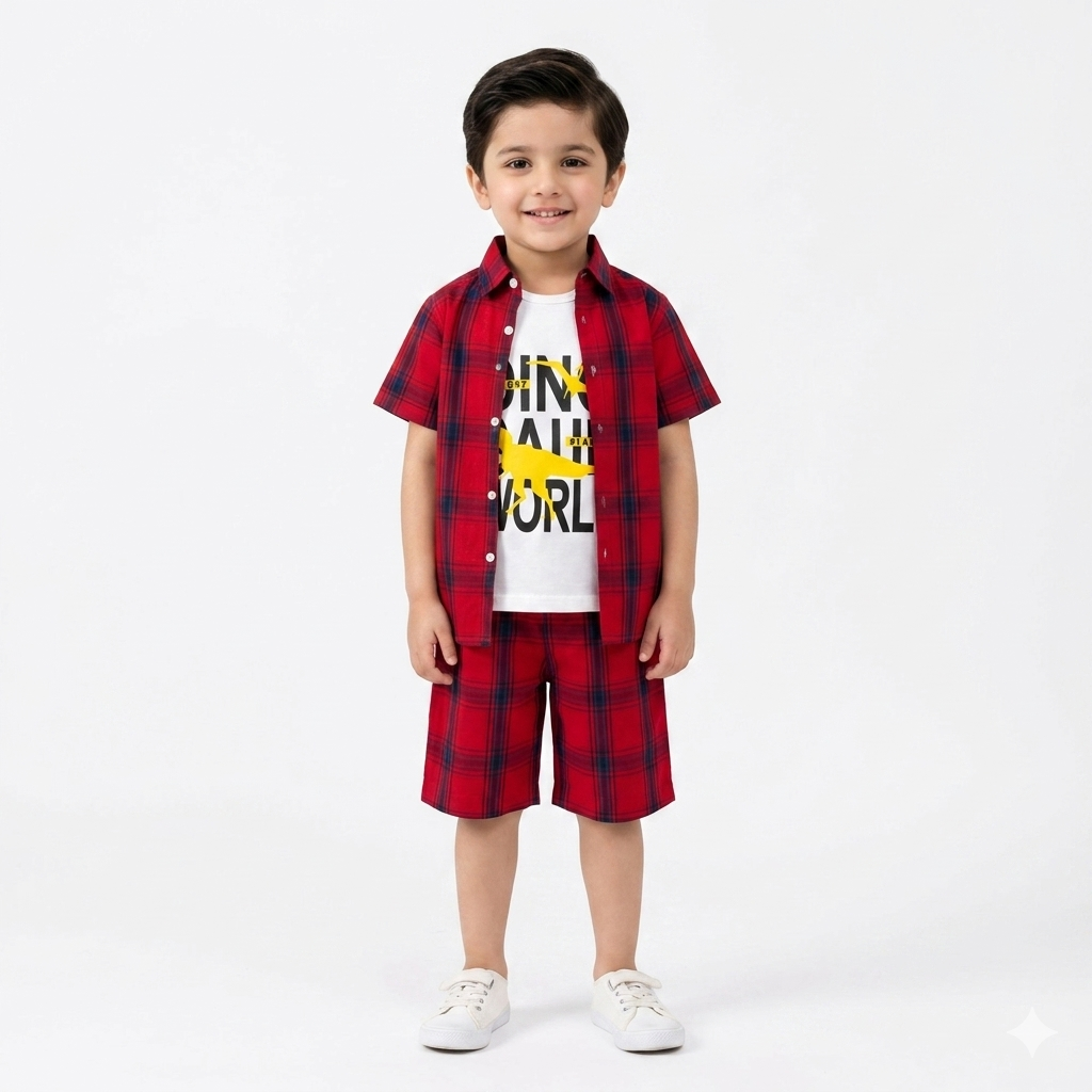 Red check 2-piece summer coord set for boys by lilcubspk, featuring shorts and a matching shirt for ages 1 to 12 years.