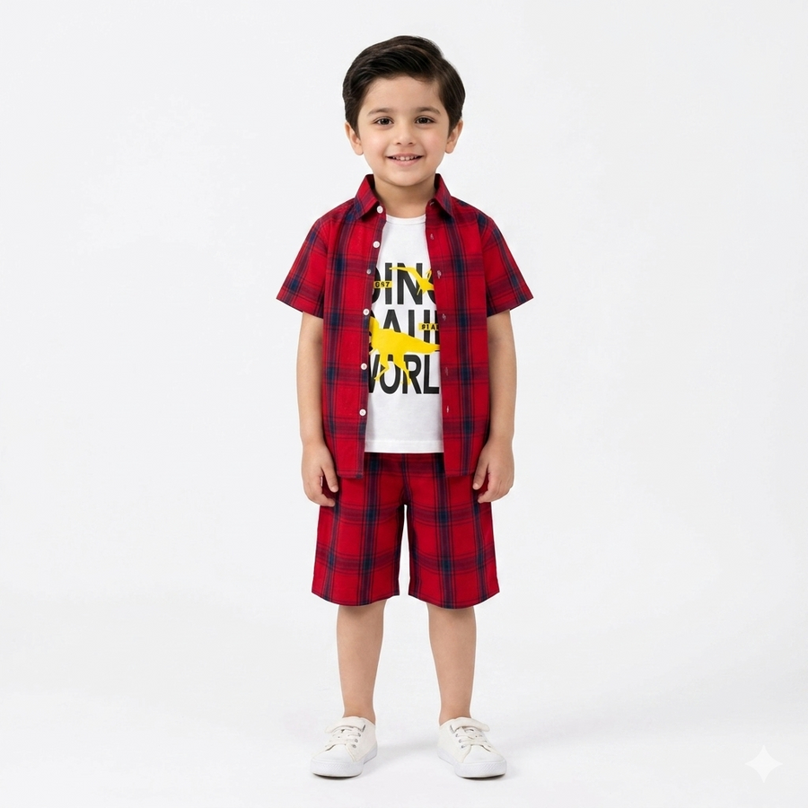 Red check 2-piece summer coord set for boys by lilcubspk, featuring shorts and a matching shirt for ages 1 to 12 years.