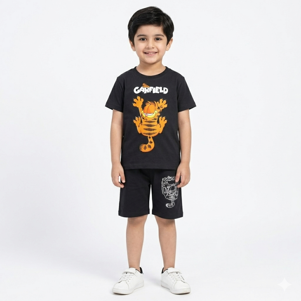 Dark grey Garfield summer kids' coord set by Lil’ Cubs, featuring a jersey cotton two-piece with playful Garfield design.