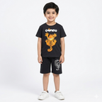 Dark grey Garfield summer kids' coord set by Lil’ Cubs, featuring a jersey cotton two-piece with playful Garfield design.