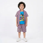 Lil' Cubs boys’ purple check Mickey print summer coordinate set for ages 1 to 12, featuring matching top and shorts with playful Mickey design.