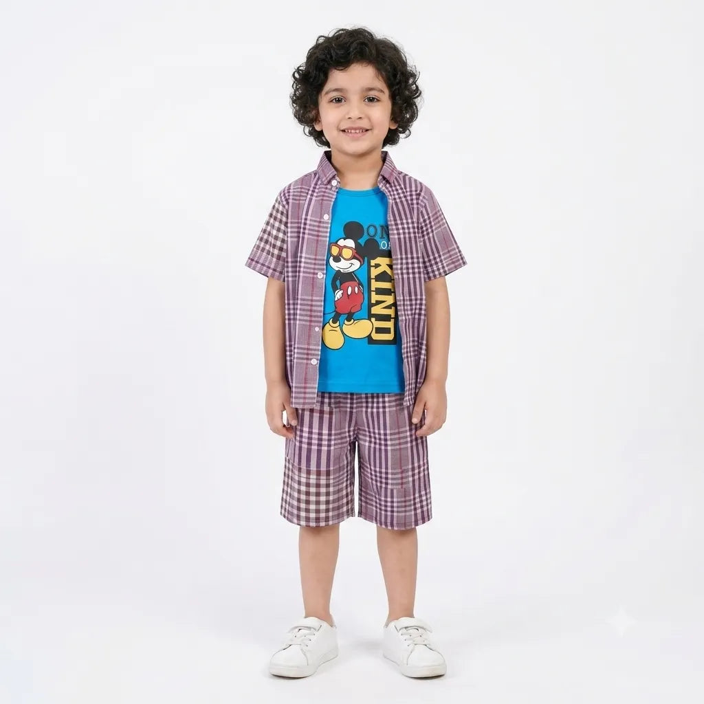 Boys Purple Check Mickey Print Summer Coord Set for Boys (1 - 12 Years)