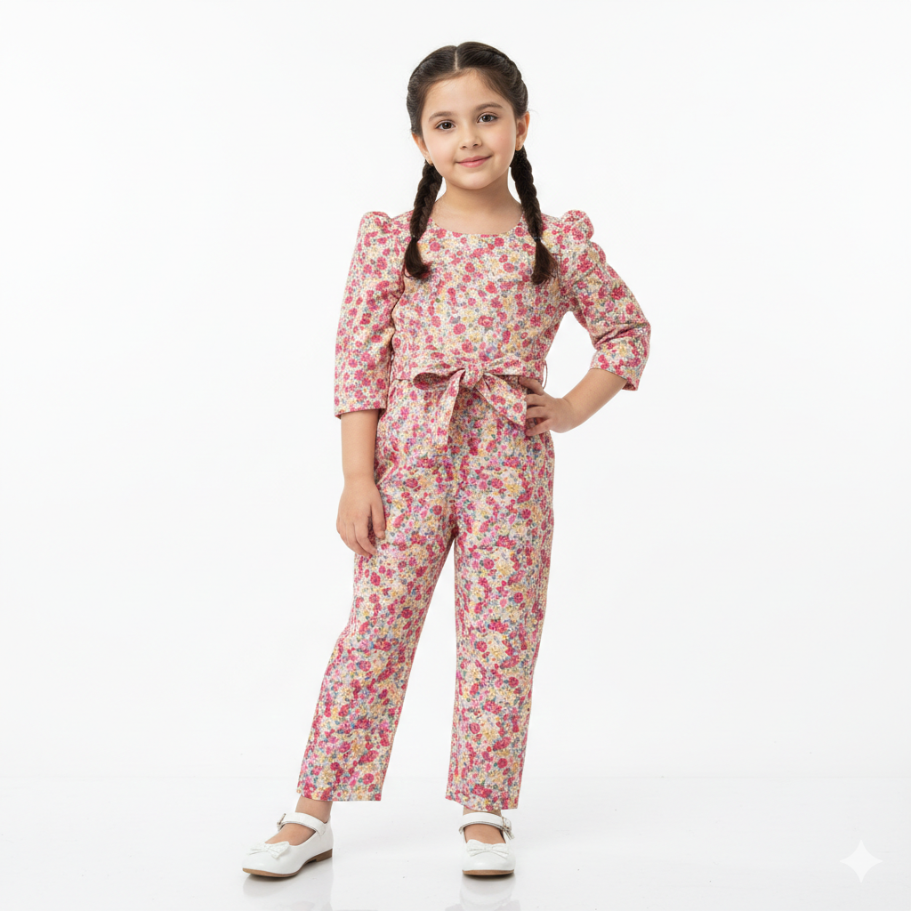 Girls Pink & Yellow Floral Jumpsuits