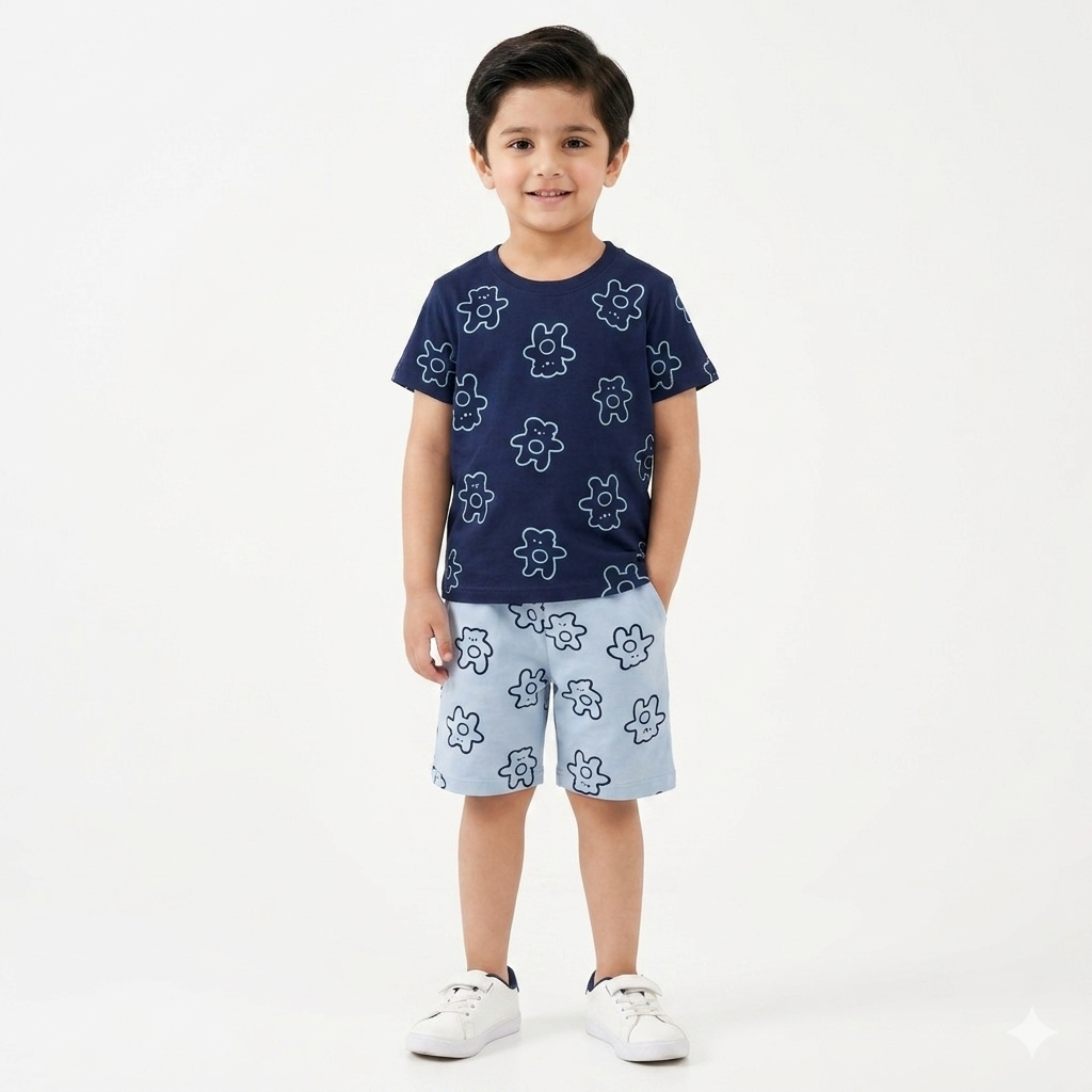 Blue teddy print boys' summer coord set by lilcubspk for ages 1-12, featuring a comfortable matching top and shorts.