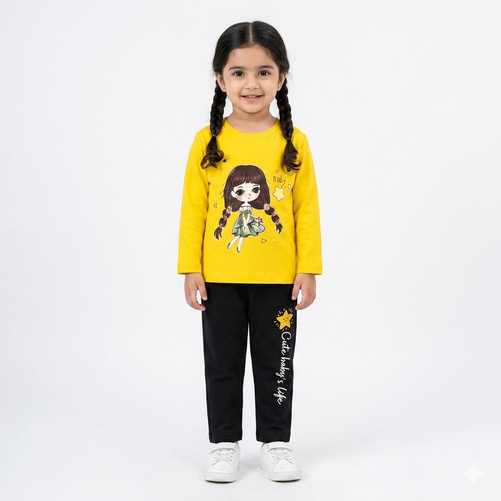 Yellow and black baby girl summer coord set by Lil' Cubs, featuring a two-piece outfit with playful, breathable fabric.
