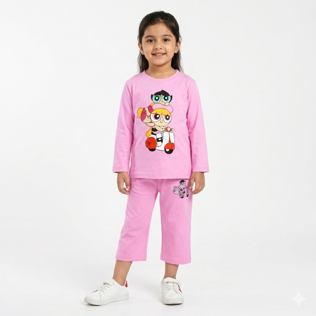 Pink Powerpuff print summer coord set for kids, includes jersey cotton top and shorts from Lil' Cubs, featuring colorful cartoon characters.