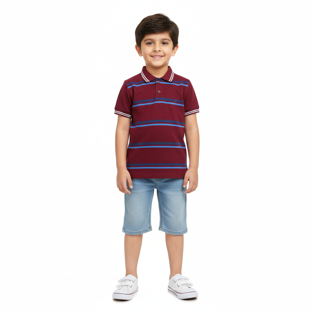 Maroon Polo with MultiColor Striped T-Shirt