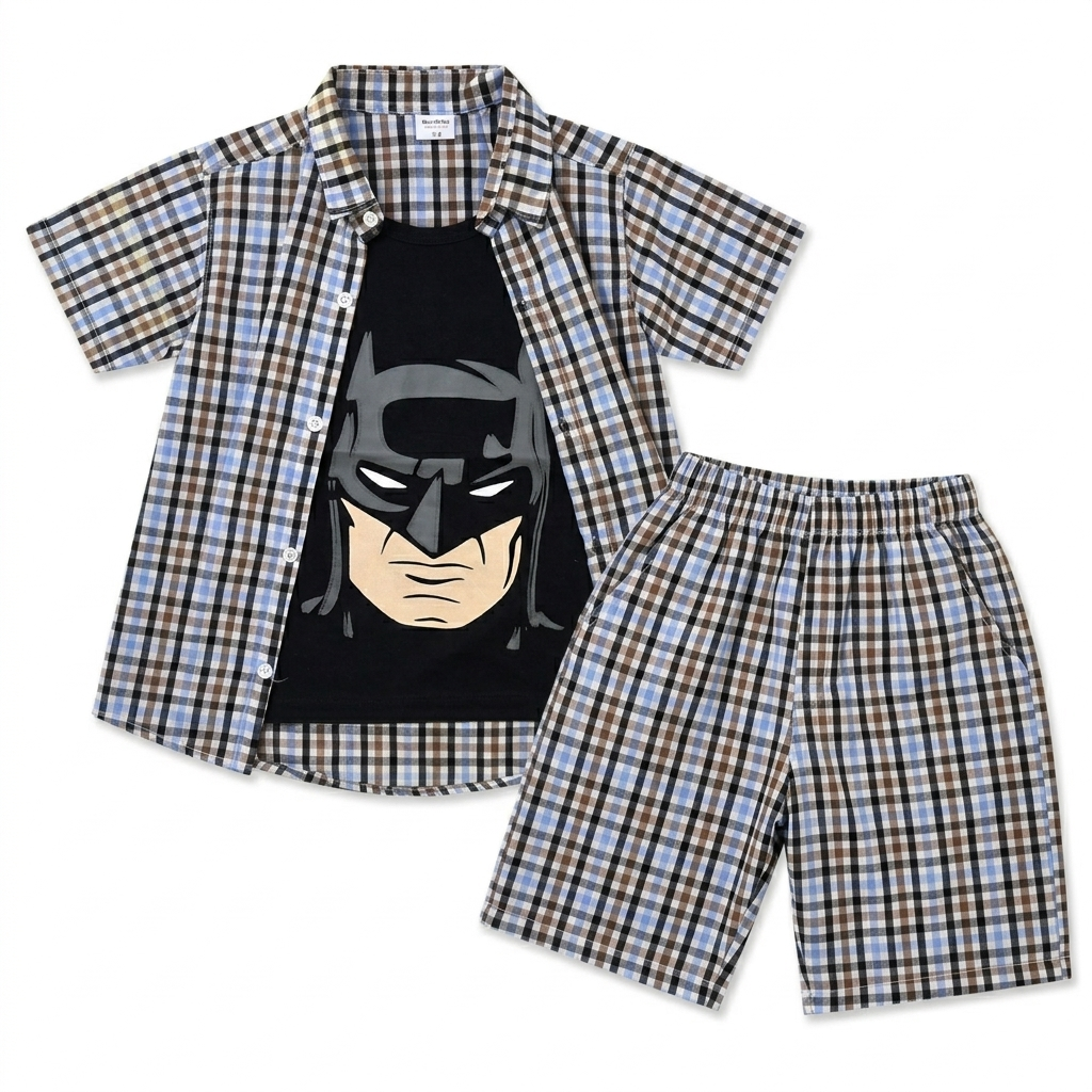 MultiColor Check Batman Print Summer Coord Set for Boys (1 - 12 Years)