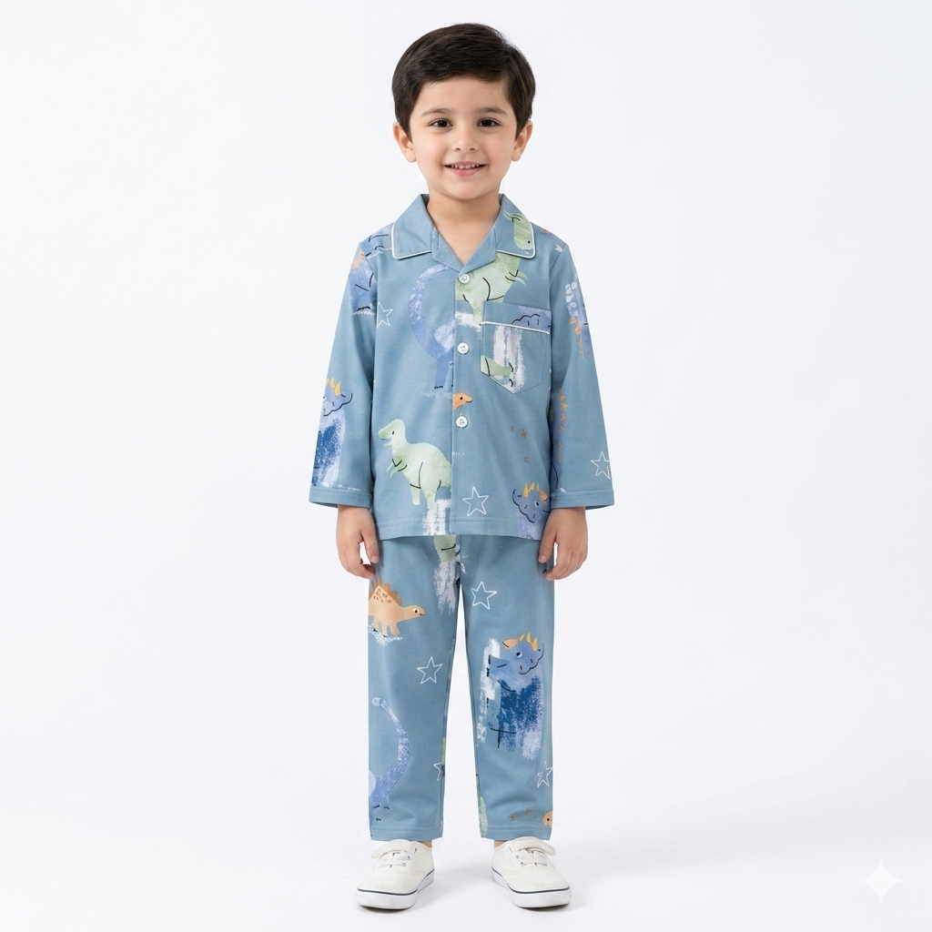 Kids Dual Blue Dino Print Summer Night Suit (1 - 4 Years) - Lil' Cubs