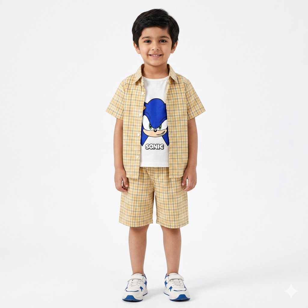 Beige check sonic summer coord set for boys, ages 1 to 12, featuring a comfortable matching top and shorts from lilcubspk.