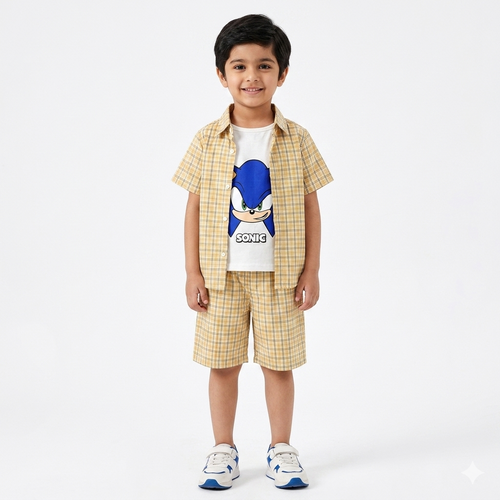 Beige check sonic summer coord set for boys, ages 1 to 12, featuring a comfortable matching top and shorts from lilcubspk.