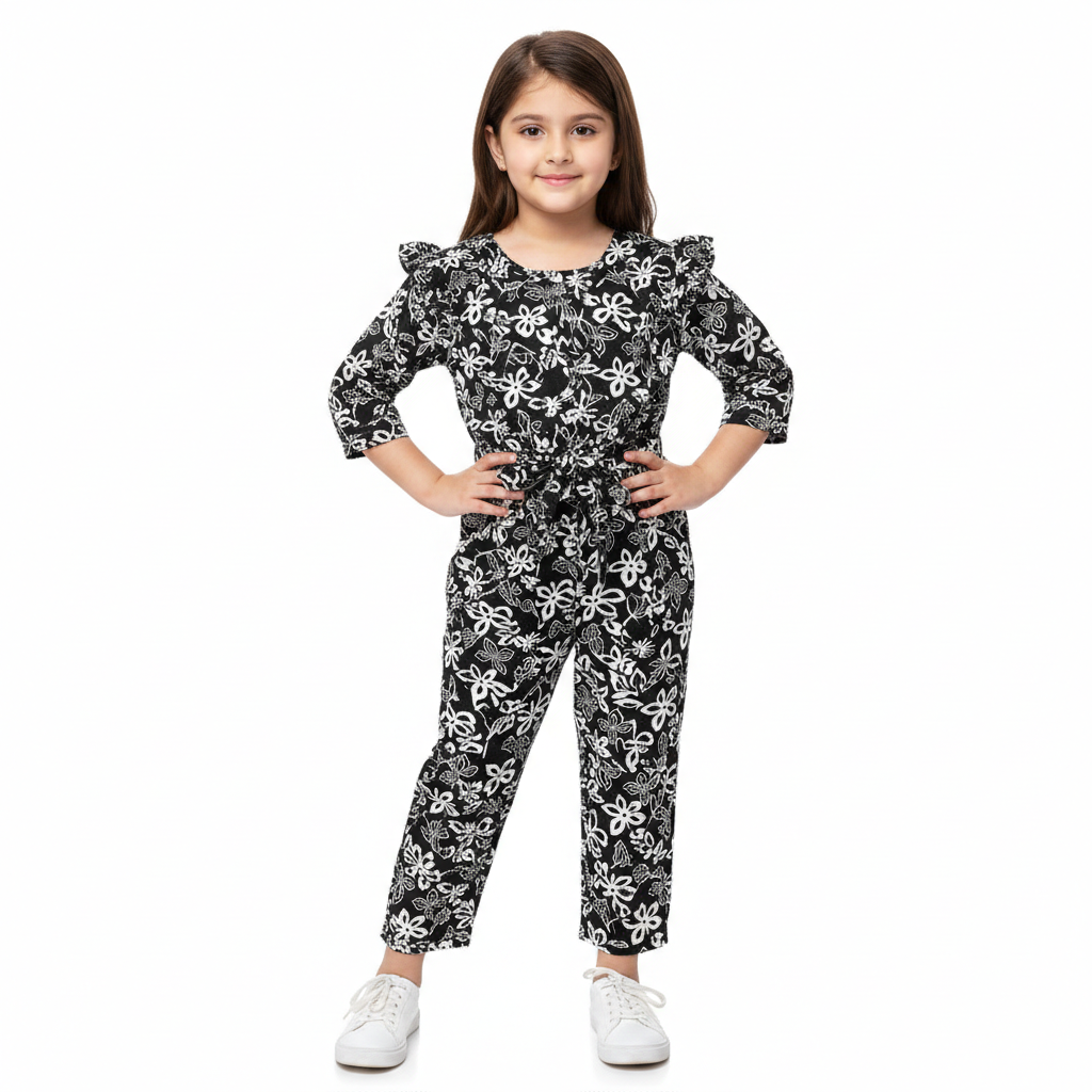 Girls black flower jumpsuit by lilcubspk, stylish jump dress featuring floral pattern and comfortable fit, perfect for casual wear.