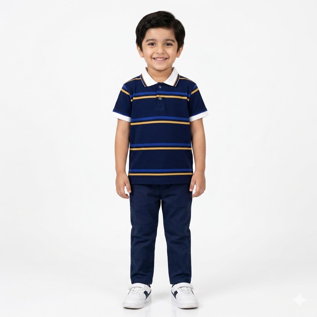 Navy Blue Polo T-Shirt with Lining (2 - 12 Years)