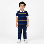 Navy blue boys' polo T-shirt with lining from lilcubspk, suitable for ages 2 to 12 years, shown on a child.
