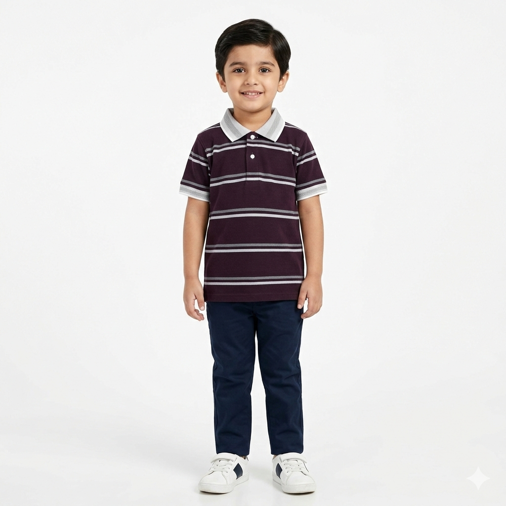 Dark Magenta Polo with White Striped T-Shirt