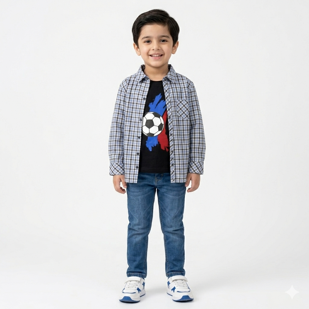Sky Blue Checked Casual Shirt with Football Print T-Shirt - Lil' Cubs