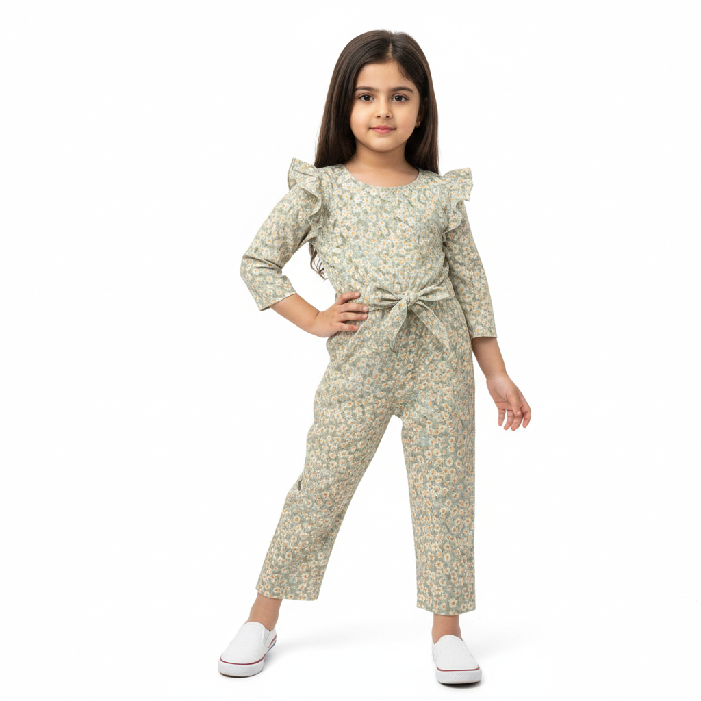 Light green floral girls' jumpsuit by lilcubspk, featuring a stylish jump dress design with a floral pattern.