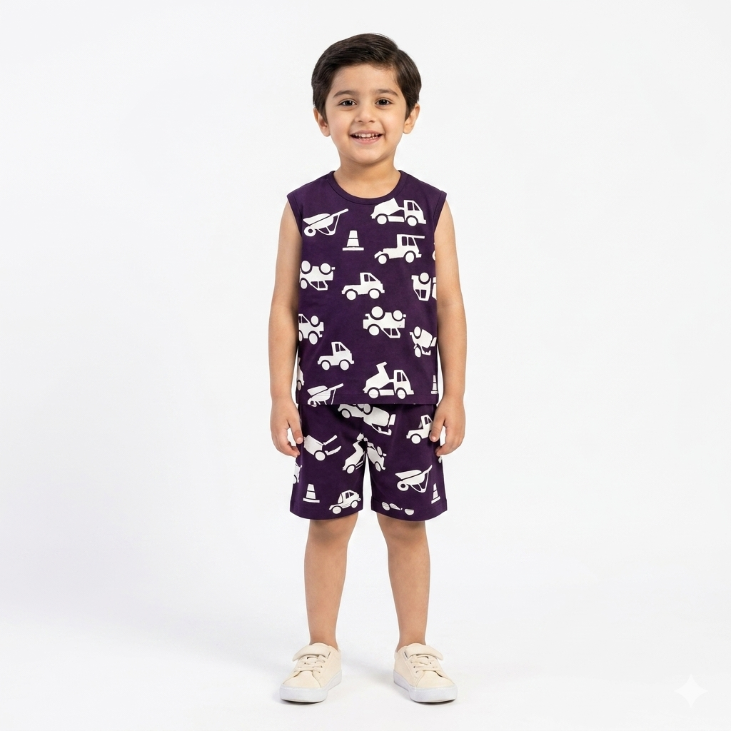 Dark Purple Sleeveless Truck Coord Set for Boys (1–12 Years)