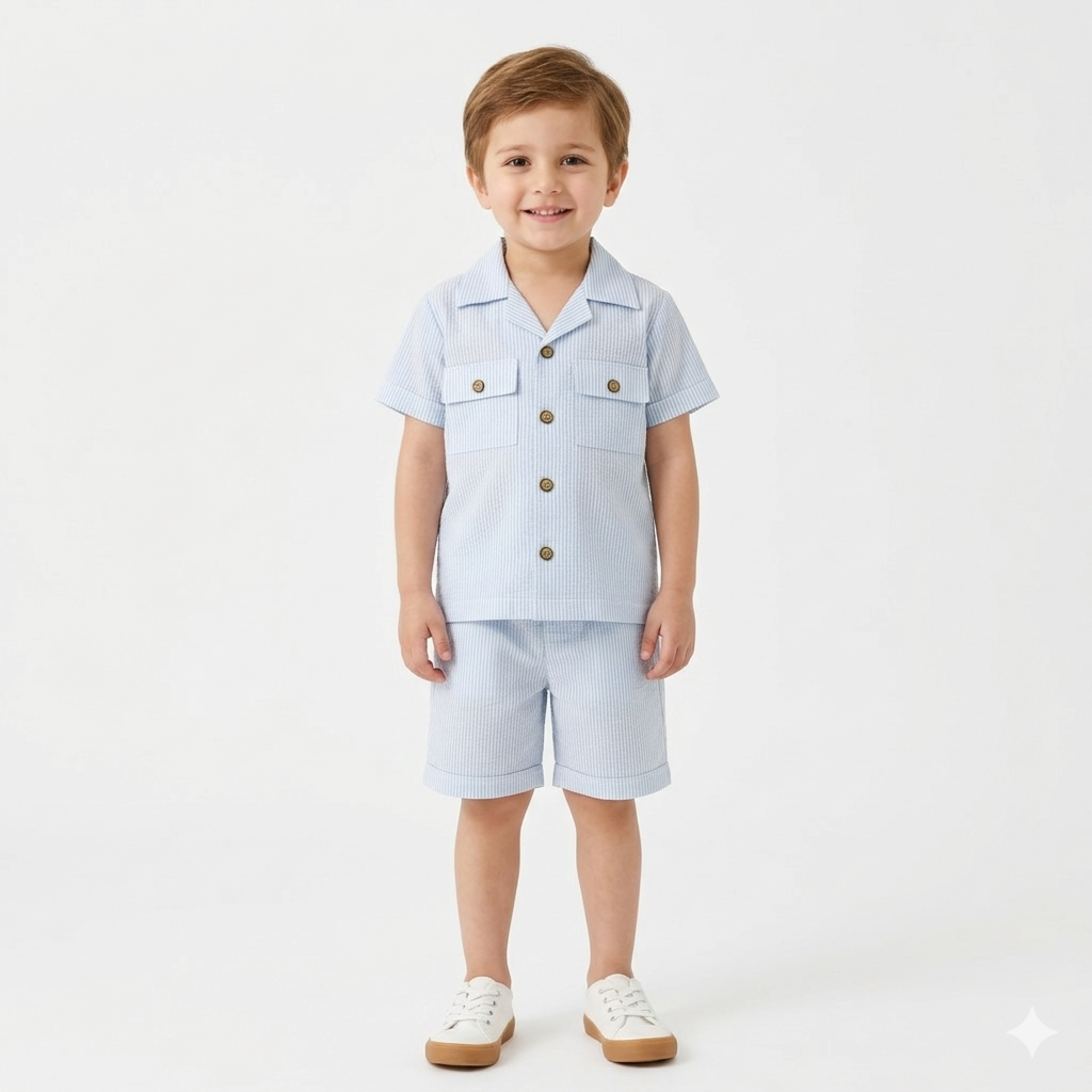 Boy wearing a blue cotton summer coord set by Lil' Cubs, featuring a matching top and shorts for kids sizes S to 2XL.