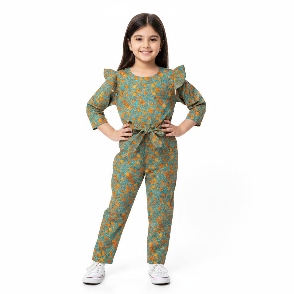 Girls Green Jumpsuits with Orange Print