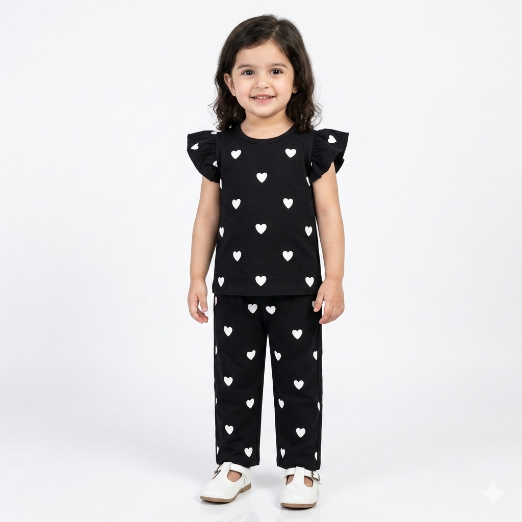 Black summer coord set for kids featuring heart patterns, two-piece design by Lil' Cubs, perfect for warm-weather outfits.
