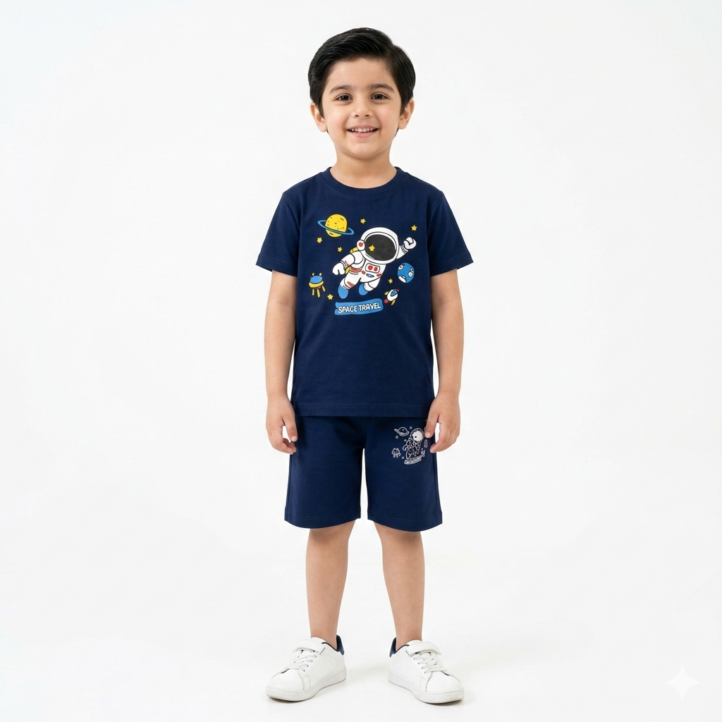 Navy blue space-themed summer coord set for kids by Lil' Cubs, featuring matching shorts and top with star and planet patterns.