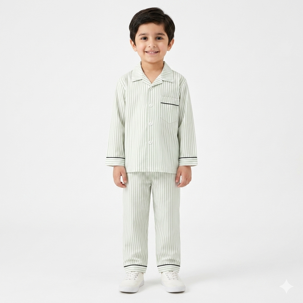 Kids White & Green Lining Print Summer Night Suit (5 - 12 Years) - Lil' Cubs